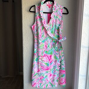 Lilly Pulitzer Romee Wrap Dress Womens M Pink Croc My World Ruffle Sleeveless